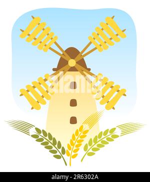Cartoon windmill and wheaten ears on a sky background. Stock Vector