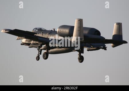 80-0213, a Fairchild Republic A-10C Thunderbolt II (or Warthog) operated by the 107th Fighter Squadron 'The Red Devils' from the 127th Operations Group of the Michigan Air National Guard, United States Air Force, arriving at Prestwick International Airport in Ayrshire. The aircraft was one of twelve A-10Cs routing through Prestwick on the day (18 in total including six from the previous day) to take part in Exercise Air Defender 2023 being held in Germany. Stock Photo