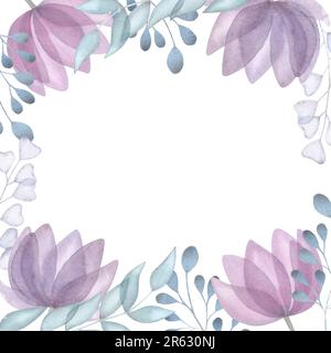 Watercolor frame transparent flowers leaves. Floral set in pastel purple, pink, blue, green colors. Hand drawn illustration isolated on white backgrou Stock Photo