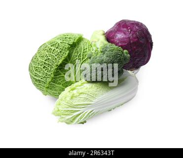 Many different types of fresh cabbage on white background Stock Photo