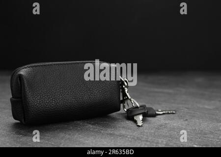 Leather case with keys on grey table, closeup. Space for text Stock Photo