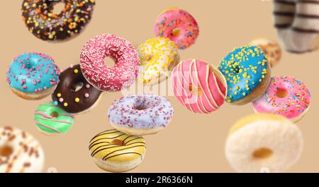 Many sweet tasty donuts flying on beige background Stock Photo