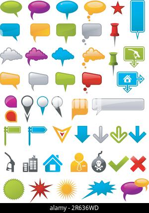 Message Containers and map location pointers in different colors Stock Vector