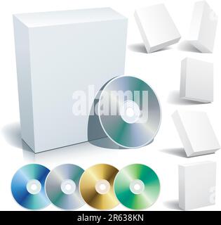 Perfect blank boxes with DVD in a variety of positions.  Set of design elements. Stock Vector