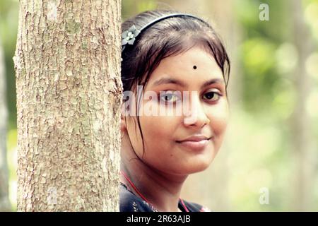 Indian Teenage Village girl face in Outdoor Stock Photo