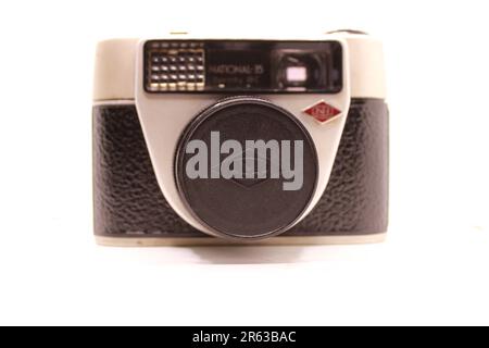 A very Old vintage black and white photography camera on White Background. Stock Photo
