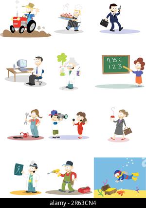 A collection of vector characters in various professions.    Note: Backgrounds and colours can easily be edited if purchasing the vector version of... Stock Vector