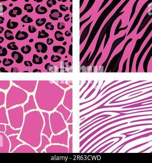 Animal print patterns of tiger, zebra, giraffe and leopard in pink color. Vector Illustration. Stock Vector