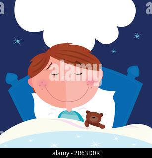 Cute small boy sleeping and dreaming. Write the dream inside speech bubble! Vector Illustration. Stock Vector