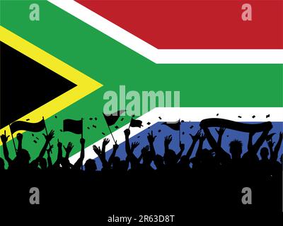 Silhouette of a football crowd on a South African flag background Stock Vector