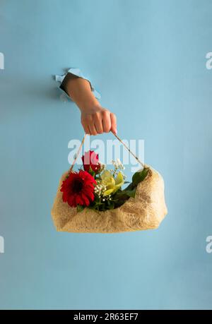 Woman's hand and creative bouquet made of various spring flowers. Pastel blue torn paper. Mother's day card. Modern aesthetic. Stock Photo