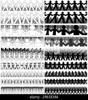 Set of editable vector foregrounds of papermen crowds Stock Vector