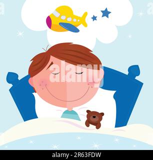 Cute small boy sleeping in bed with teddy bear and dreaming about new toy. Vector cartoon illustration. Stock Vector