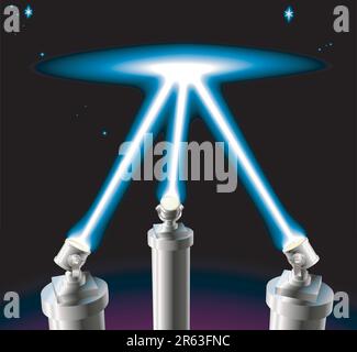 Some searchlights or spotlights lighting up the starry night sky. No meshes used. Stock Vector