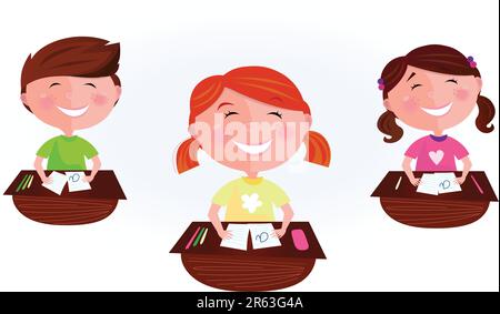 School is fun! Happy Boy and two girls sitting  in school classroom. Stylized vector cartoon illustration of classmates. Stock Vector