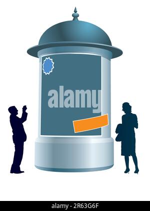 People are standing next to an advertising column, conceptual business illustration. Stock Vector