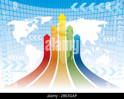 Multicolored arrows on an abstract blue background with white world map, conceptual business illustration. The base map is from Central Intelligenc... Stock Vector