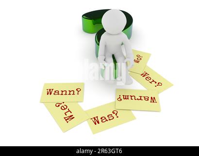 Small character sitting on a glossy green question mark, six sticky notes on the ground with the German words Why, When, How, Where, What and Who on Stock Photo