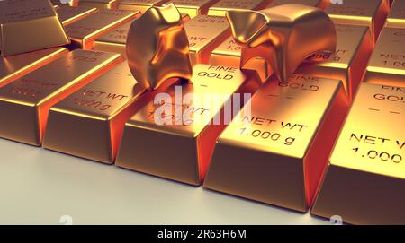 Stacked fine gold bars with abstract bear and bull on a bright background, 3d rendering, financial concept Stock Photo