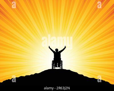 Silhouette of a man in a wheelchair with his arms raised in success Stock Vector