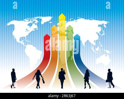 World rat race on a rainbow, a map in the background, conceptual business illustration. The base map is from Central Intelligence Agency Web site. Stock Vector