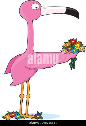 A flamingo standing with a bouquet. He is in the shape of a letter F Stock Vector