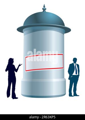 People are standing next to an advertising column, conceptual business illustration. Stock Vector