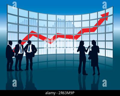 People are standing in front of a large display, conceptual business illustration. Stock Vector