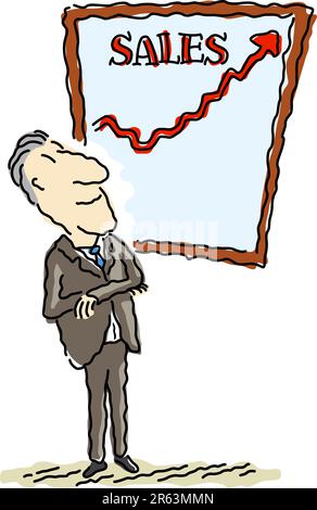 Vector illustration of a happy businessman viewing company sales, which are going off the chart. Stock Vector