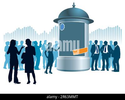 People are standing next to an advertising column, a graph in the background, conceptual business illustration. Stock Vector