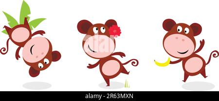 Jumping monkey with palm leaf, dancing monkey and monkey with banana. Vector cartoon illustration of funny african animal. Stock Vector