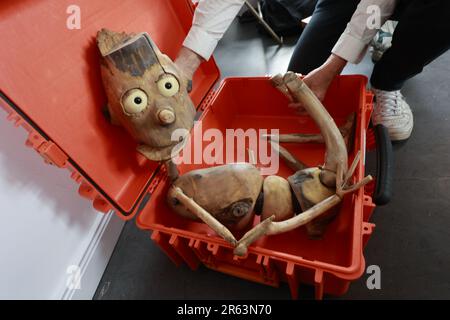 Magdeburg, Germany. 06th June, 2023. A wooden puppet for the play Pinoccio lies ready in a case for the construction of a special exhibition. With the special exhibition 'And then alive: The World of Hagen Tilp,' two dozen theater puppets will be on display. These impressive character puppets have already entered puppet and acting stages of major theaters. The creative process behind these puppets is fascinating and requires many working steps which will be shown in the special exhibition. Credit: Matthias Bein/dpa/Alamy Live News Stock Photo