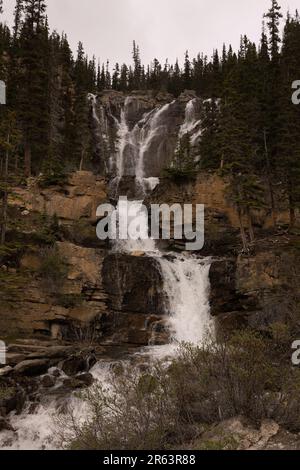 A majestic waterfall cascading down the side of a mountain, surrounded ...