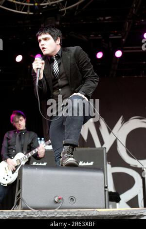 Lead singer Gerard Way of the rock band My Chemical Romance (commonly  abbreviated to MCR) is shown performing on stage during a live concert  appearance Stock Photo - Alamy