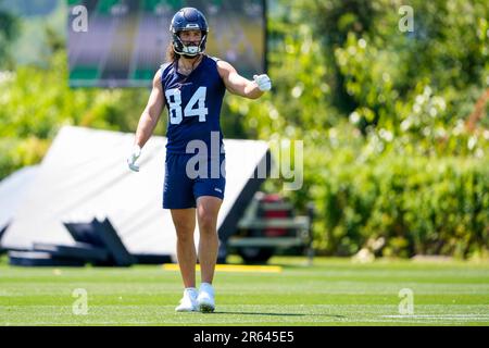 Seattle Seahawks tight end Colby Parkinson (84) stands on the field during  the first half of an NFL football game against the Los Angeles Rams, Sunday,  Jan. 8, 2023, in Seattle. (AP