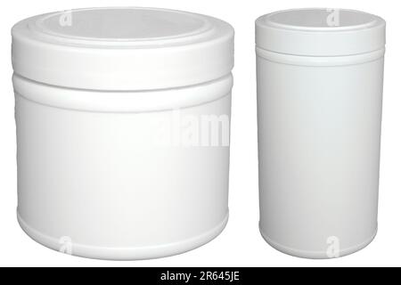 White plastic containers. Big and small empty vessels without background. Stock Photo