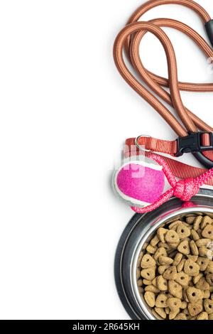 Dog lead, toy and dry food isolated on the white background. Stock Photo