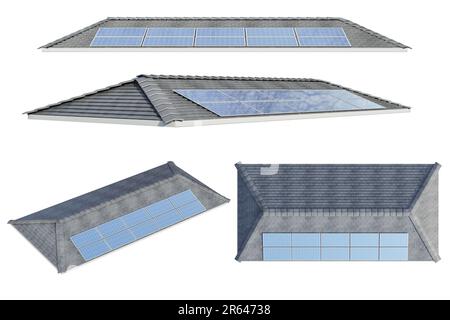 3d rendering set of solar panels on roof isolated on white Stock Photo