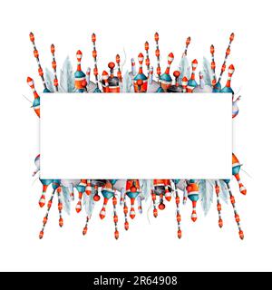 Watercolor drawing rectangle frame from various fishing bobblers, red, white,  blue and black with fishing line. Angling gear for wallpapers, logo Stock  Photo - Alamy