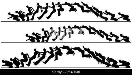 Editable vector silhouette sequences of a jumping man, woman and child Stock Vector