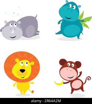 Vector illustration of safari animals isolated on white background: hippo, rhino, lion and monkey. Stock Vector