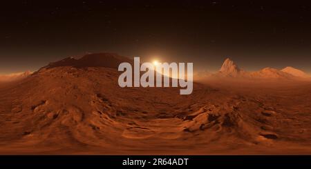 360 degree panoramic view of Sunset on Mars. Mars mountains, view from the valley. Panorama, environment 360 HDRI map. Equirectangular projection, spherical panorama. 3d illustrat