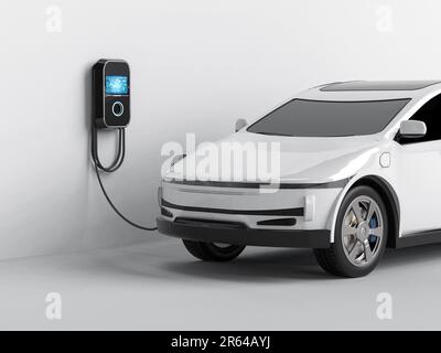 3d rendering white ev car or electric vehicle with recharging station Stock Photo