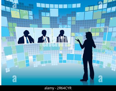 Business meeting in a virtual space, conceptual business illustration. Stock Vector