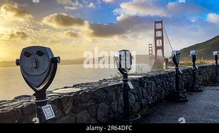 Panoramic photograph of the Golden Gate Bridge from bay area and discovery museum in San Francisco, USA. Emblematic bridge of the US state of Californ Stock Photo