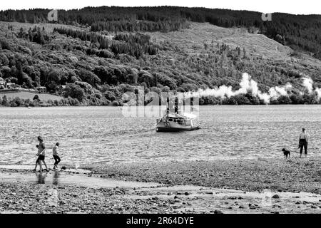 Steam Yacht Gondola leaving Coniston Jetty on Coniston Water Cumbria UK Stock Photo