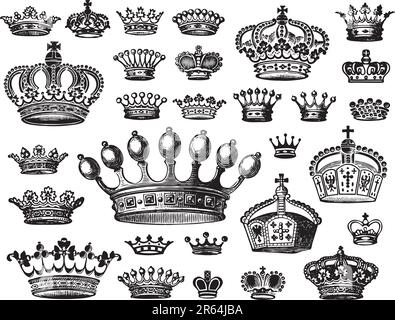 set of antique crowns engravings; scalable and editable vector illustrations Stock Vector