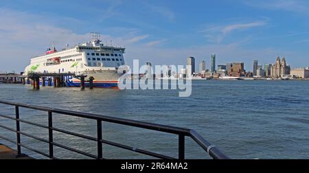 Stena Line Embla Belfast ferry, on Liverpool waterfront panorama from Woodside, Birkenhead, Wirral, Merseyside, England, UK, CH41 6DU Stock Photo