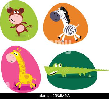 Vector Illustration of four cute wild animals buttons - monkey, zebra, giraffe and crocodile. Stock Vector