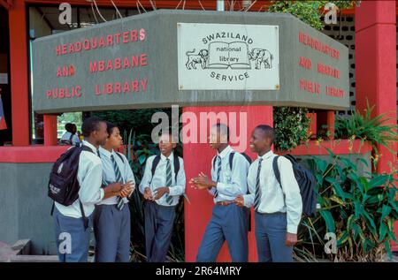Swaziland, students in school uniform in front of the public library in Mbabane. Stock Photo
